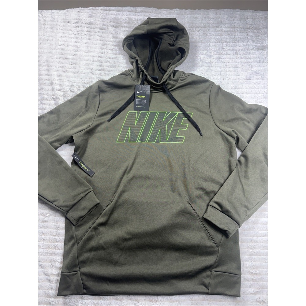 NIKE Therma Dri-Fit Men Medium Hooded Fitness Pullover Hoodie Army Green NEW NWT